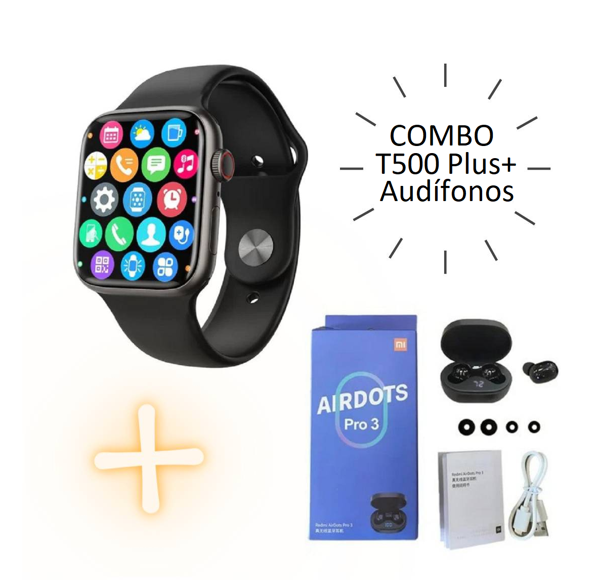 Reloj T500 Plus Pro + Audifonos negro